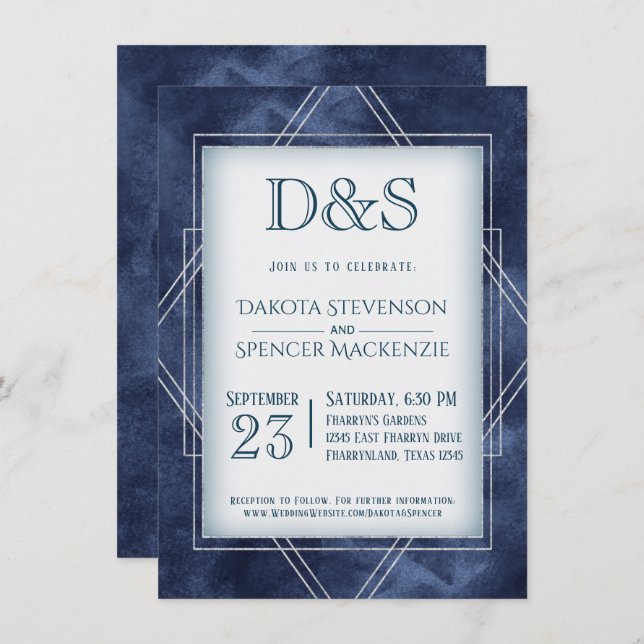 Geometric Blue Art Deco | Modern Monogram Wedding Invitation (Front/Back)