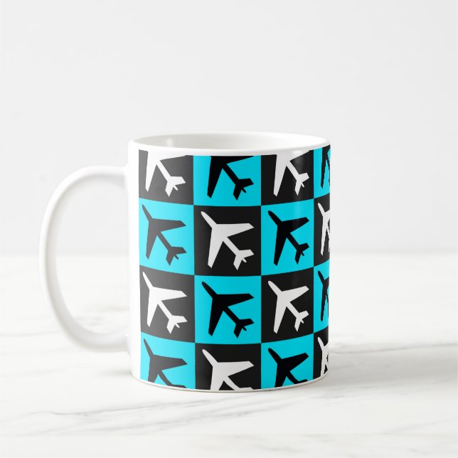 Geometric Blue Black Aviation Jets Airplane Coffee Mug (Left)