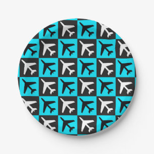 Geometric Blue Black Aviation Jets Airplane Paper Plate