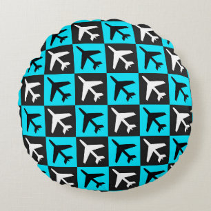 Geometric Blue Black Aviation Jets Airplane Round Pillow