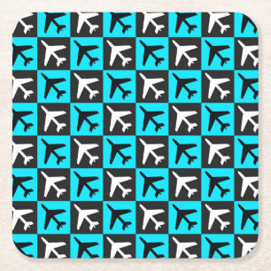 Geometric Blue Black Aviation Jets Airplane Square Paper Coaster