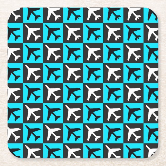 Geometric Blue Black Aviation Jets Airplane Square Paper Coaster (Front)