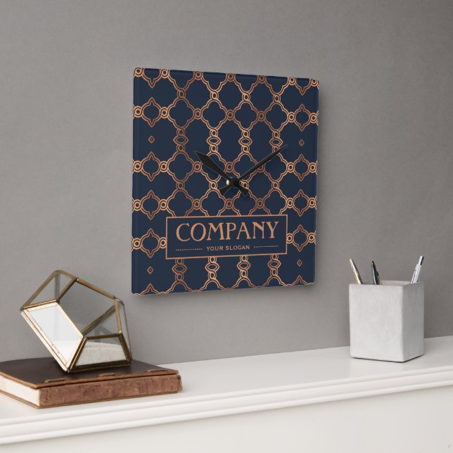 Geometric Blue Company Name Square Wall Clock (Office)