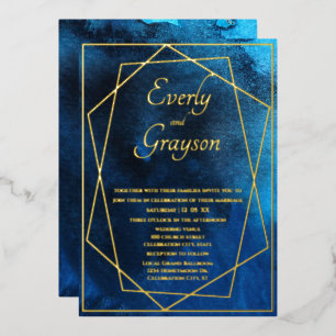 Geometric Blue & Gold Wedding     Foil Invitation
