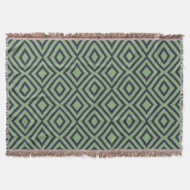 Geometric Blue & Green Diamond Pattern Throw Blanket (Front)