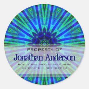 Geometric Blue Green Flower Bookplate Sticker