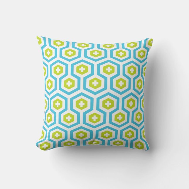 Geometric Blue Green Hexagon & Cross Pattern Throw Pillow (Front)