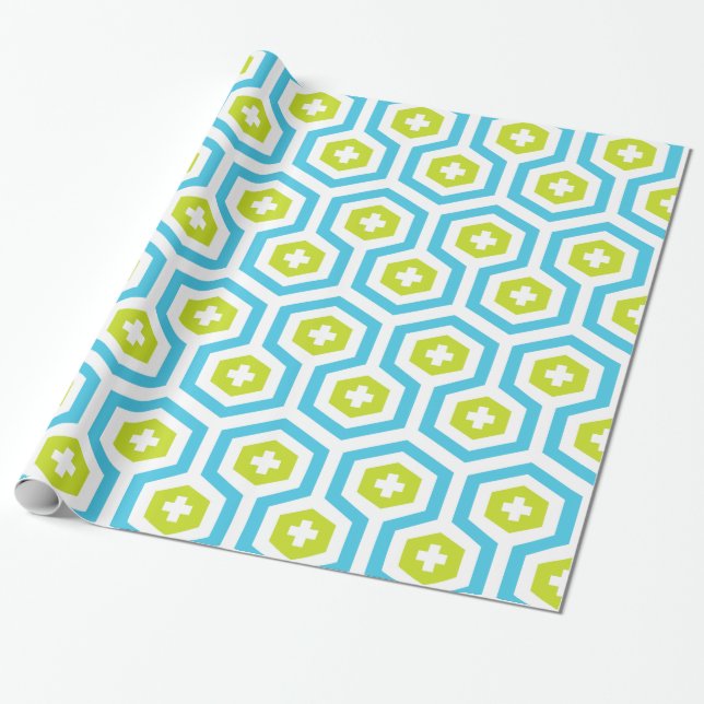 Geometric Blue Green Hexagon & Cross Pattern Wrapping Paper (Unrolled)