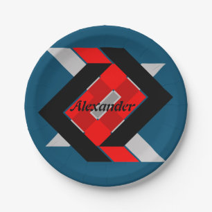 Geometric blue grey red black personalized simply paper plate