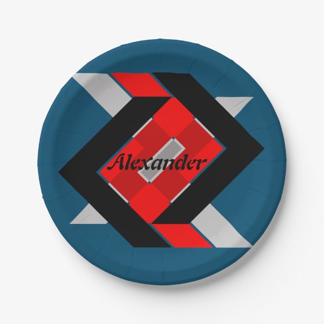 Geometric blue grey red black personalized simply paper plate (Front)
