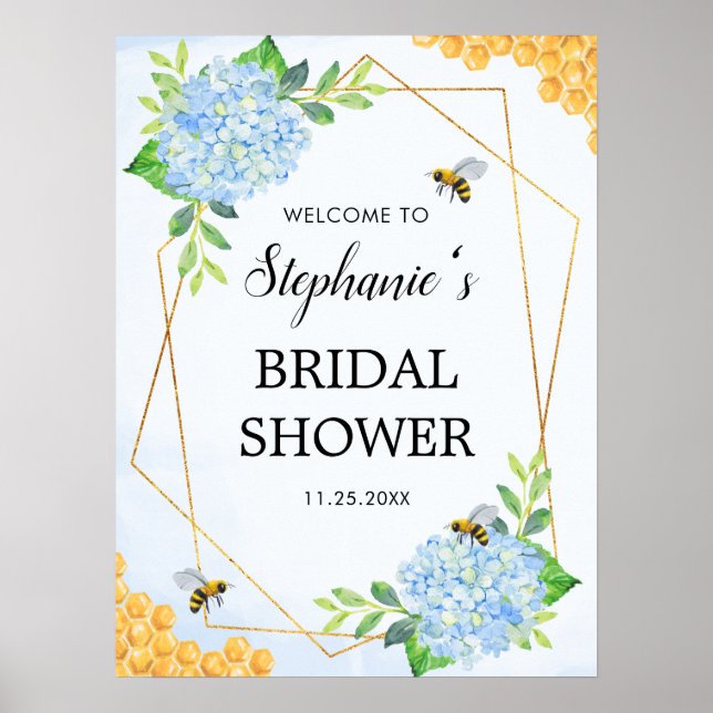 Geometric Blue Hydrangea Honey Bee Bridal Shower Poster (Front)
