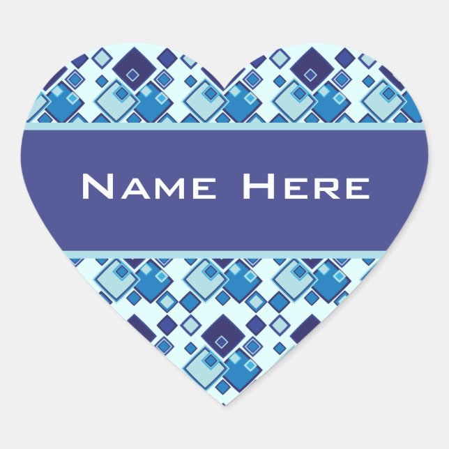 Geometric Blue Squares Pattern Heart Sticker (Front)