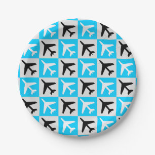 Geometric Blue White Aviation Jets Airplane Paper Plate