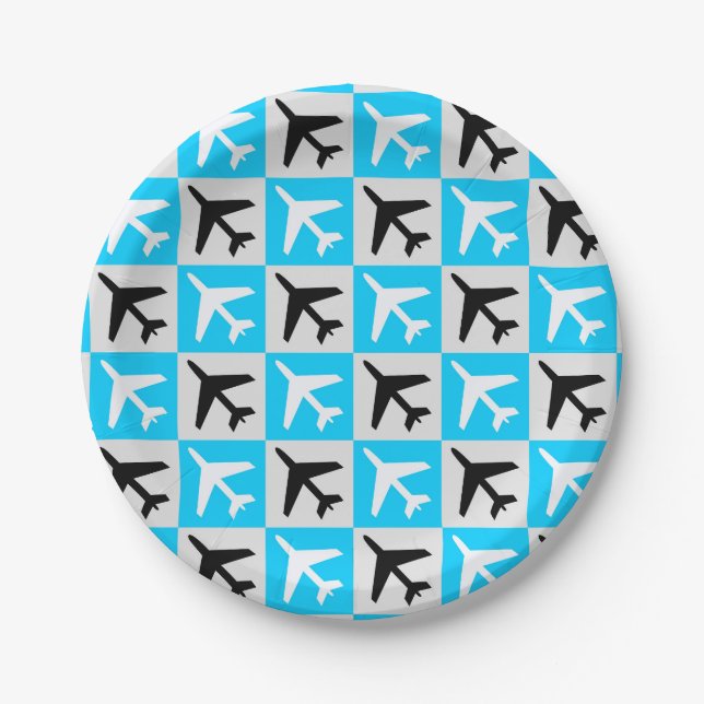 Geometric Blue White Aviation Jets Airplane Paper Plate (Front)