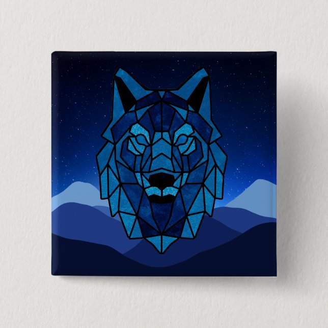 Geometric Blue Wolf  2 Inch Square Button (Front)