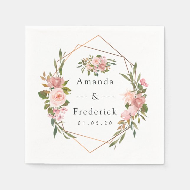 Geometric Blush and Rose Gold Floral Wedding Napkin (Front)