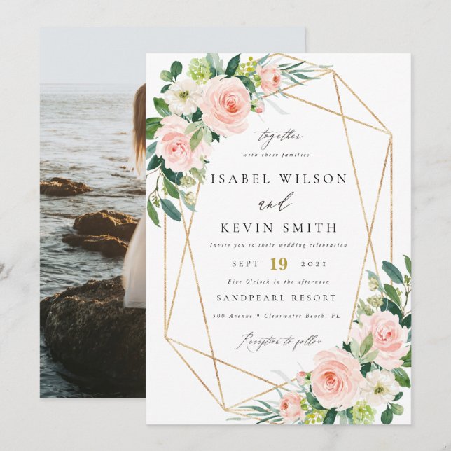 Geometric Blush floral frame wedding Invitation (Front/Back)