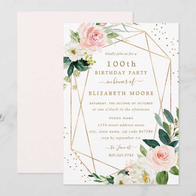 Geometric Blush Gold Floral 100th Birthday Invite (Front/Back)