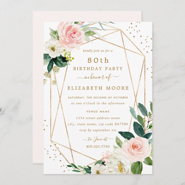 Geometric Blush Gold Floral 80th Birthday Invite (Front/Back)