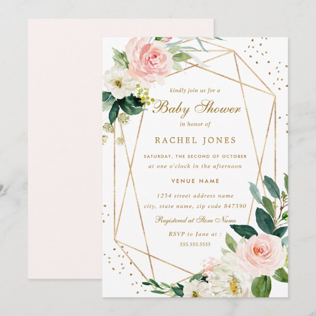 Geometric Blush Gold Floral Baby Shower Invitation (Front/Back)