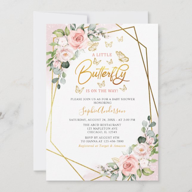 Geometric Blush Gold Floral Butterfly Baby Shower Invitation (Front)
