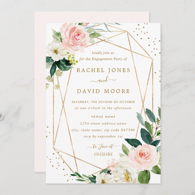 Geometric Blush Gold Floral Engagement Party Invitation (Front/Back)