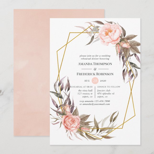 Geometric Blush & Gold Floral Rehearsal Dinner Invitation (Front/Back)