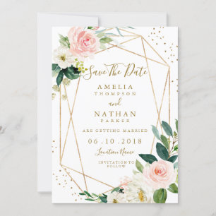 Geometric Blush Gold Floral Save The Date Invite