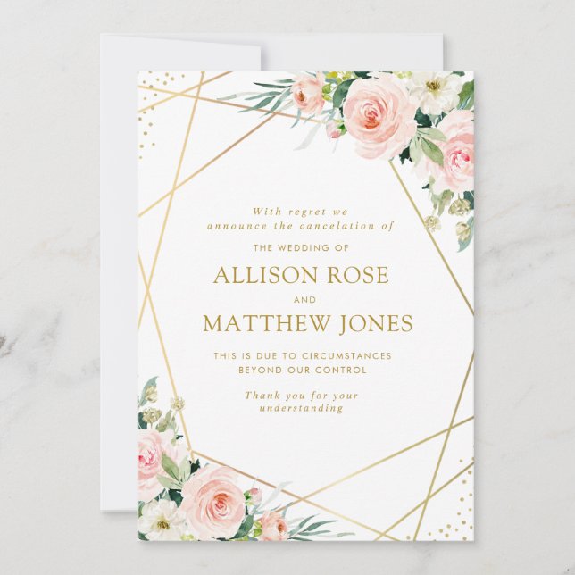 geometric blush pink floral cancelled wedding card (Front)