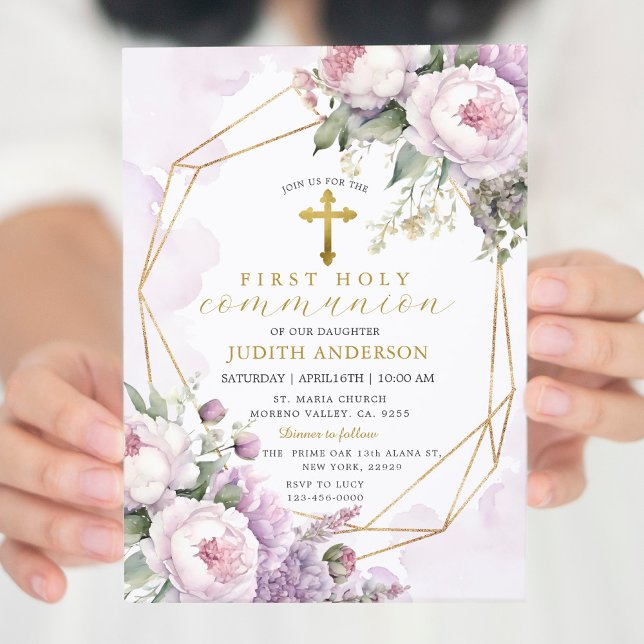 Geometric Blush Pink Roses First Holy Communion  Invitation (Creator Uploaded)