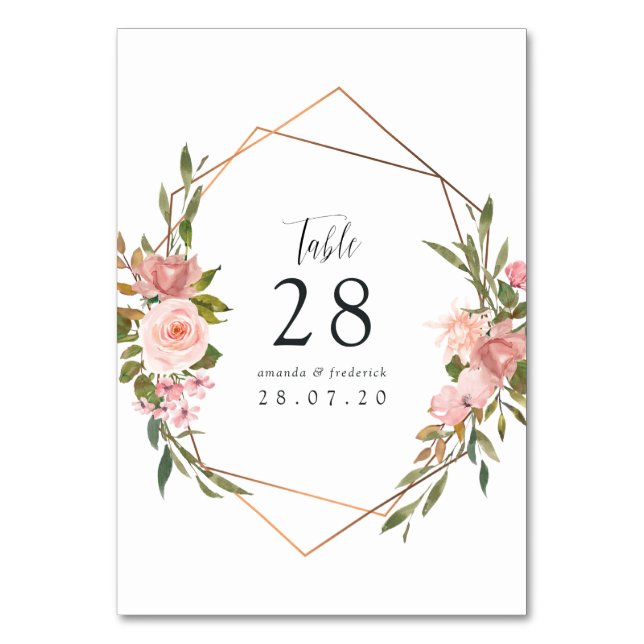 Geometric Blush Pink Roses Wedding Table Number (Front)