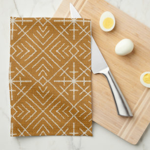 Geometric Bohemian Linework, Cream on Orange Kitchen Towel