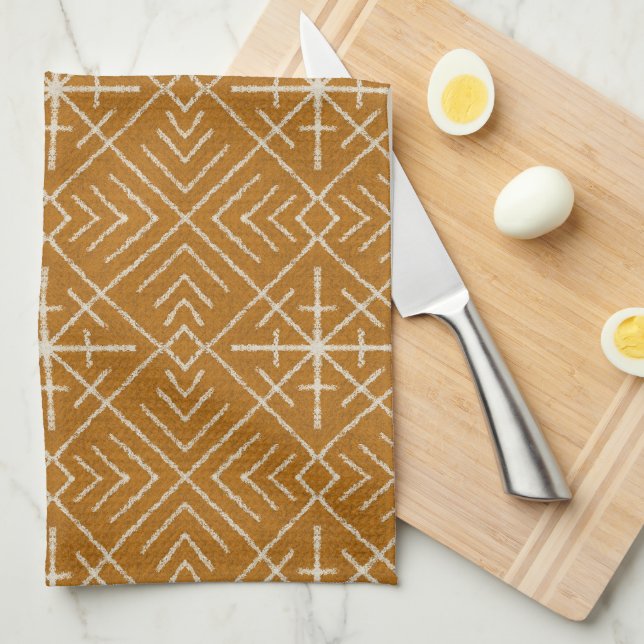 Geometric Bohemian Linework, Cream on Orange  Kitchen Towel (Quarter Fold)