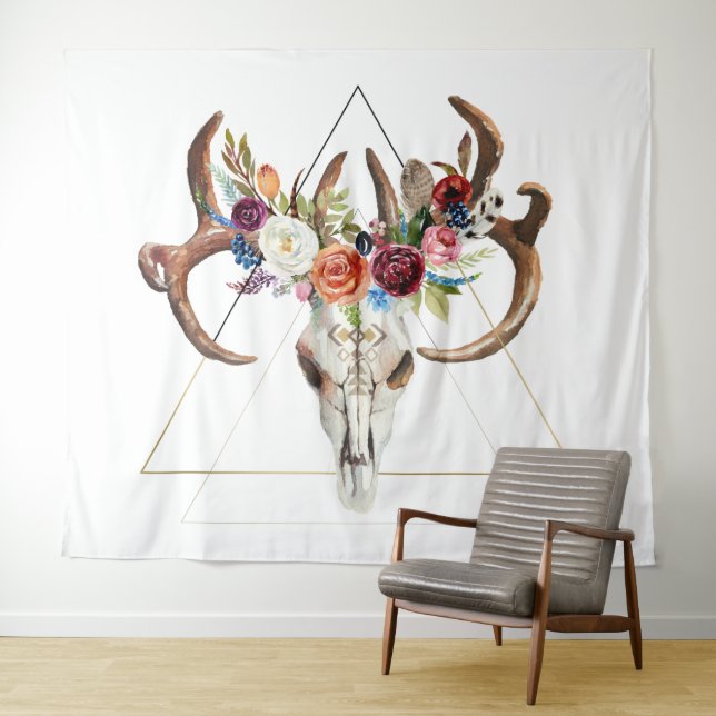 Geometric boho floral bull skull tapestry (In Situ (Horizontal))