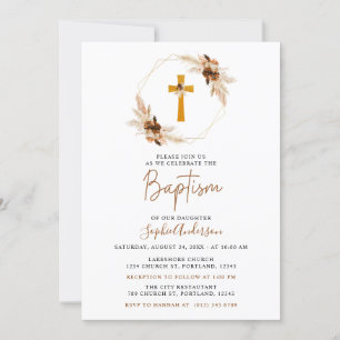 Geometric Boho Pampas Grass Girl Baptism Invitation