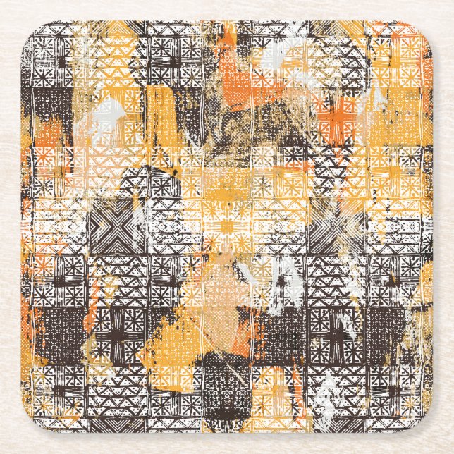Geometric Boho Tribal Distressed Pattern Square Paper Coaster (Front)