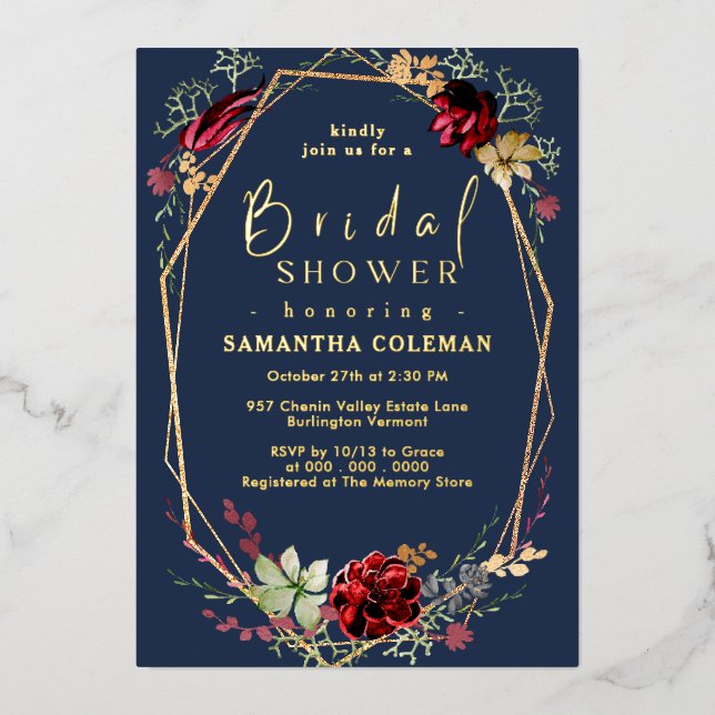 Geometric Boho Wildflower Blue Navy Bridal Shower (Front)