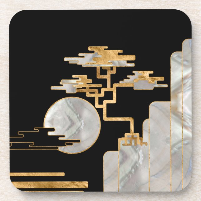 Geometric Bonsai and Moon - Mother of pearl Coaster (Front)
