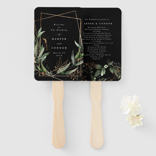 Geometric Botanical Eucalyptus Black Premium Hand Fan (Front and Back)