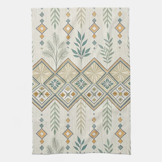 Geometric Botanical Folk Art Seamless Pattern Kitchen Towel (Vertical)