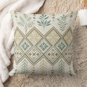 Geometric Botanical Folk Art Seamless Pattern Throw Pillow