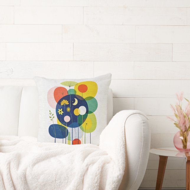 Geometric Botanical Moon Star Abstract Folk Art Throw Pillow (Couch)