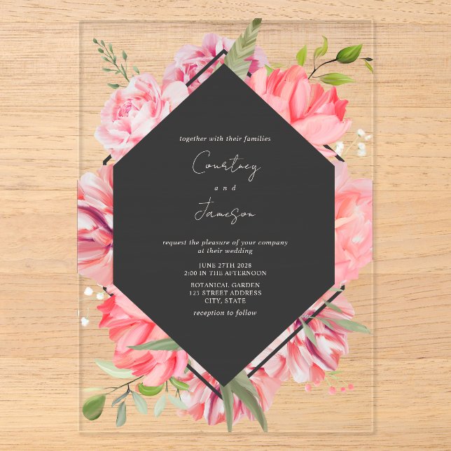 Geometric Botanical Pink Floral Wedding Invitation (Front)