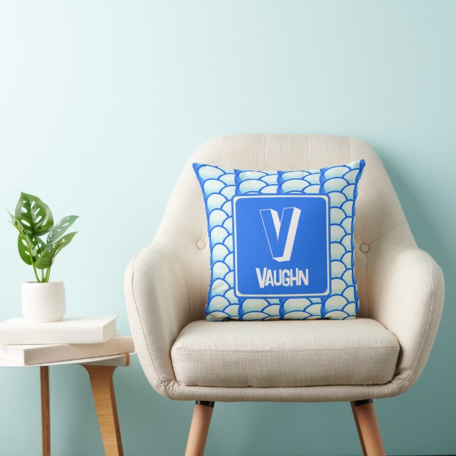 Geometric Bright Blue Monogram Name Initial Throw Pillow (Chair)