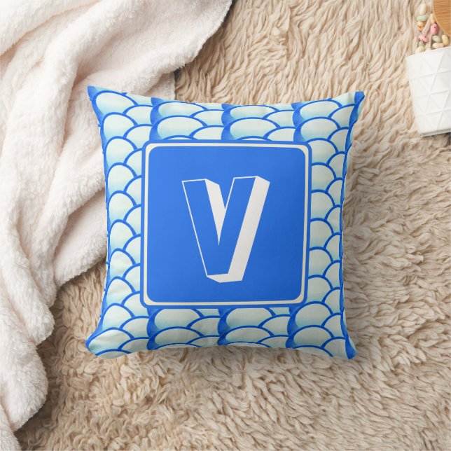 Geometric Bright Blue Monogram Name Initial Throw Pillow (Blanket)