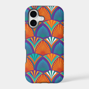 Geometric bright pattern with palm leaves, flowers