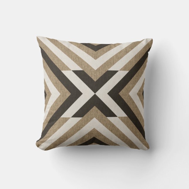Geometric Brown Faux Burlap Throw Pillow (Front)