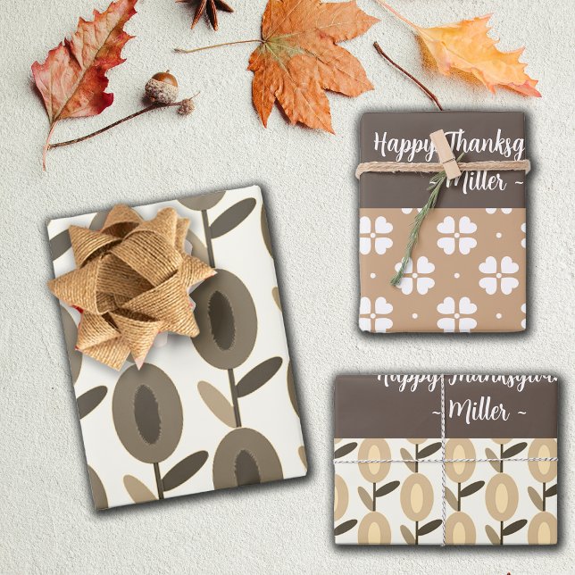Geometric Brown Florals Custom Name Wrapping Paper Sheet (Creator Uploaded)