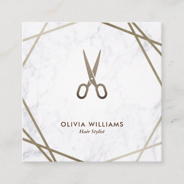 Geometric Brown Gold Scissors Marble Hair Stylist Square Business Card (Front)