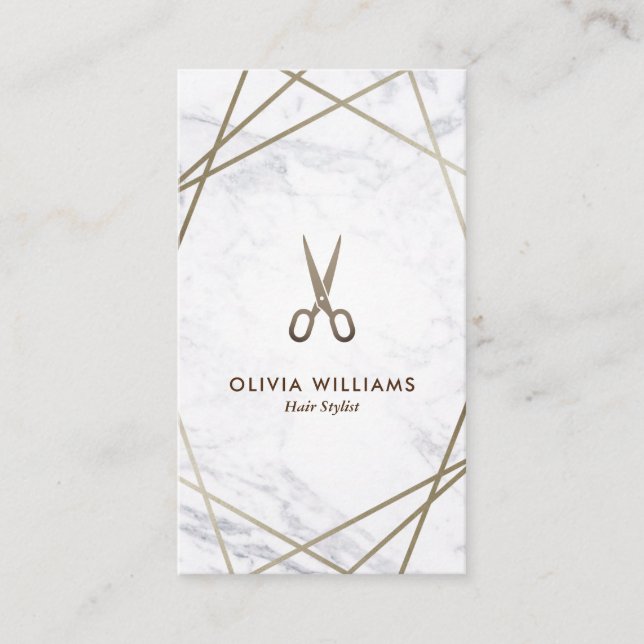 Geometric Brown Gold Scissors Marble Hair Vertical Business Card (Front)